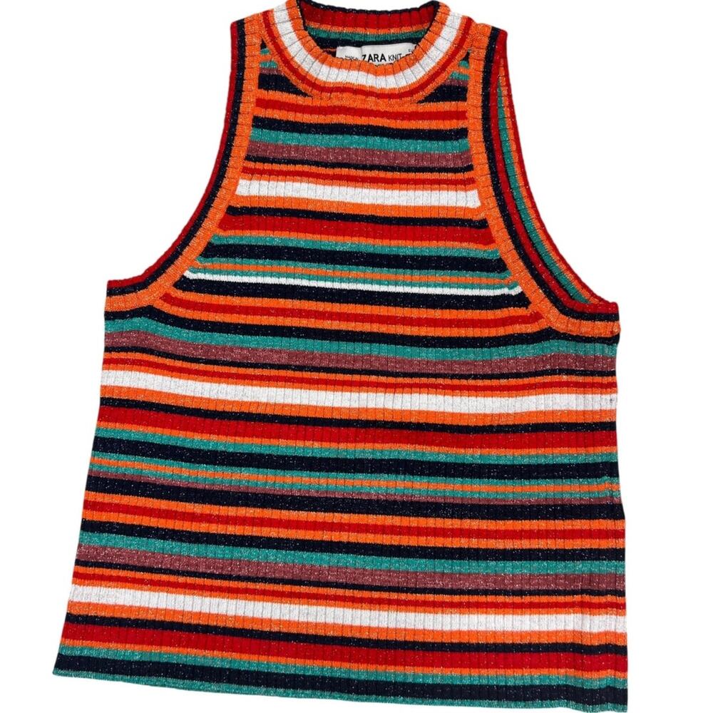 Zara Striped Knit High Neck Tank Top Size Small
